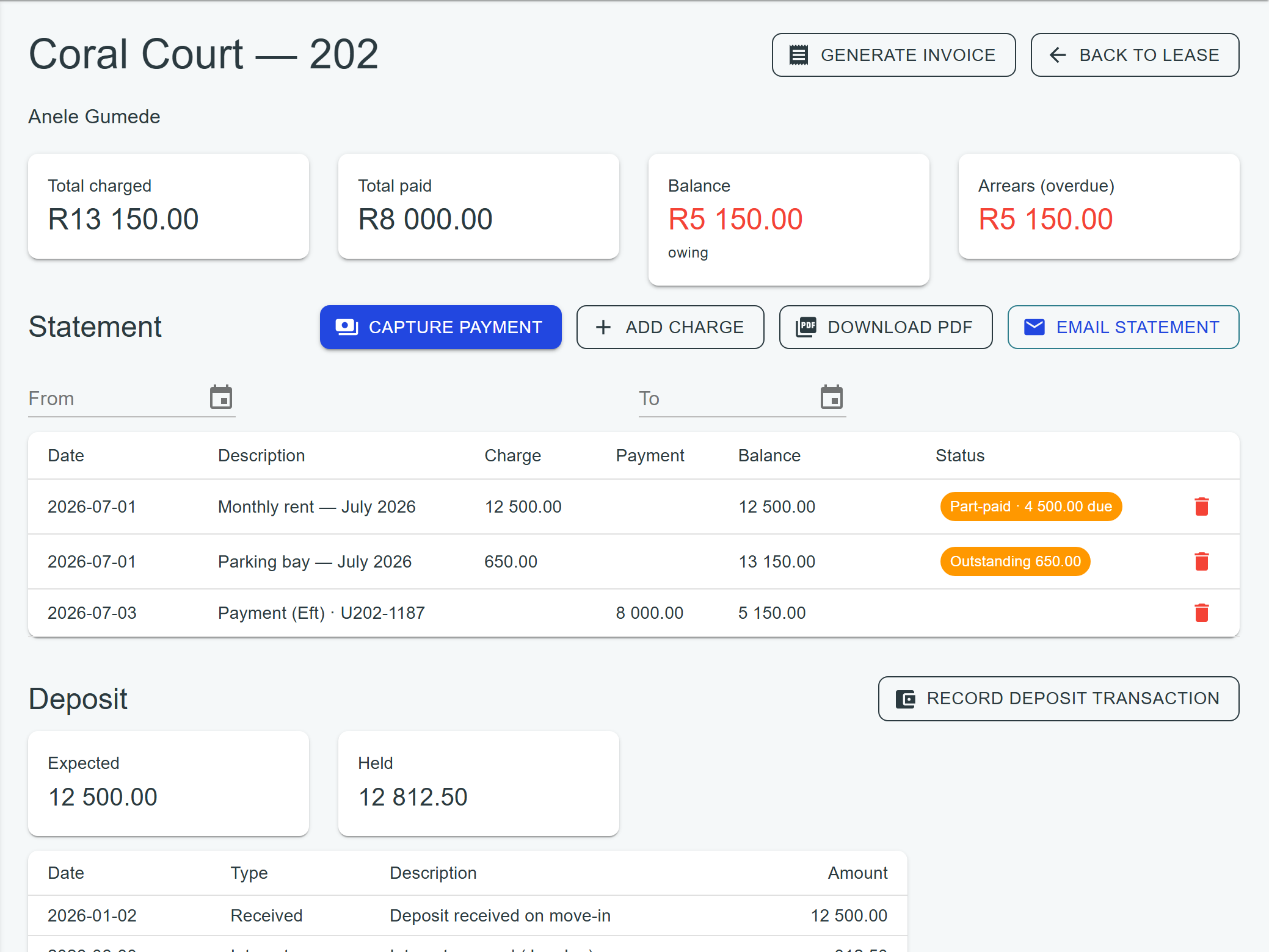 A tenant ledger with the deposit section: received, interest, held amount